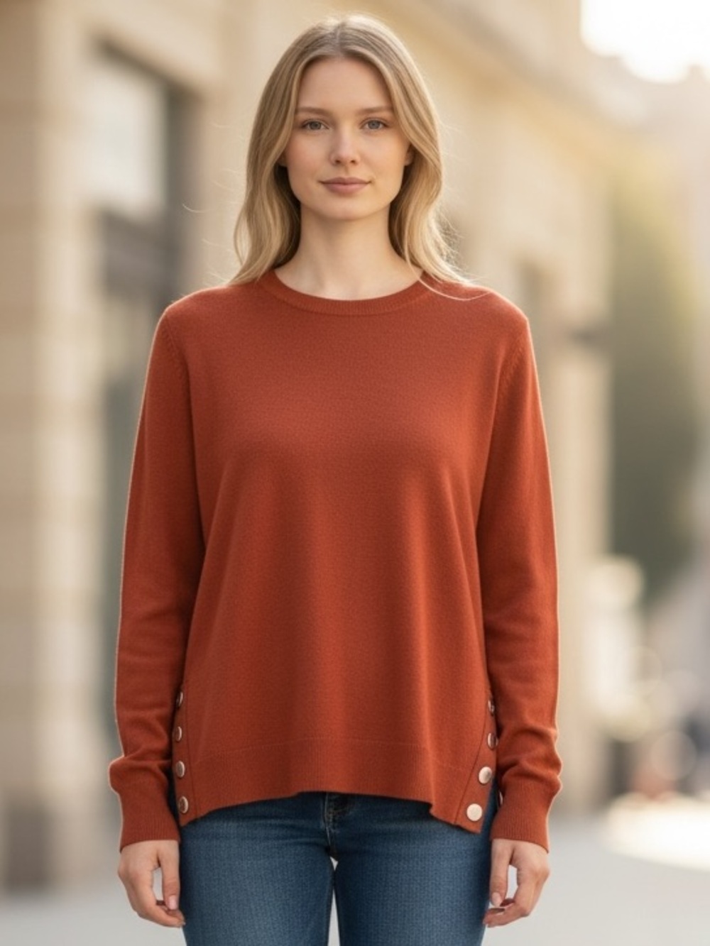 RACHEL Rachel Roy Rust Crewneck Sweater with Gold Button Cuffs